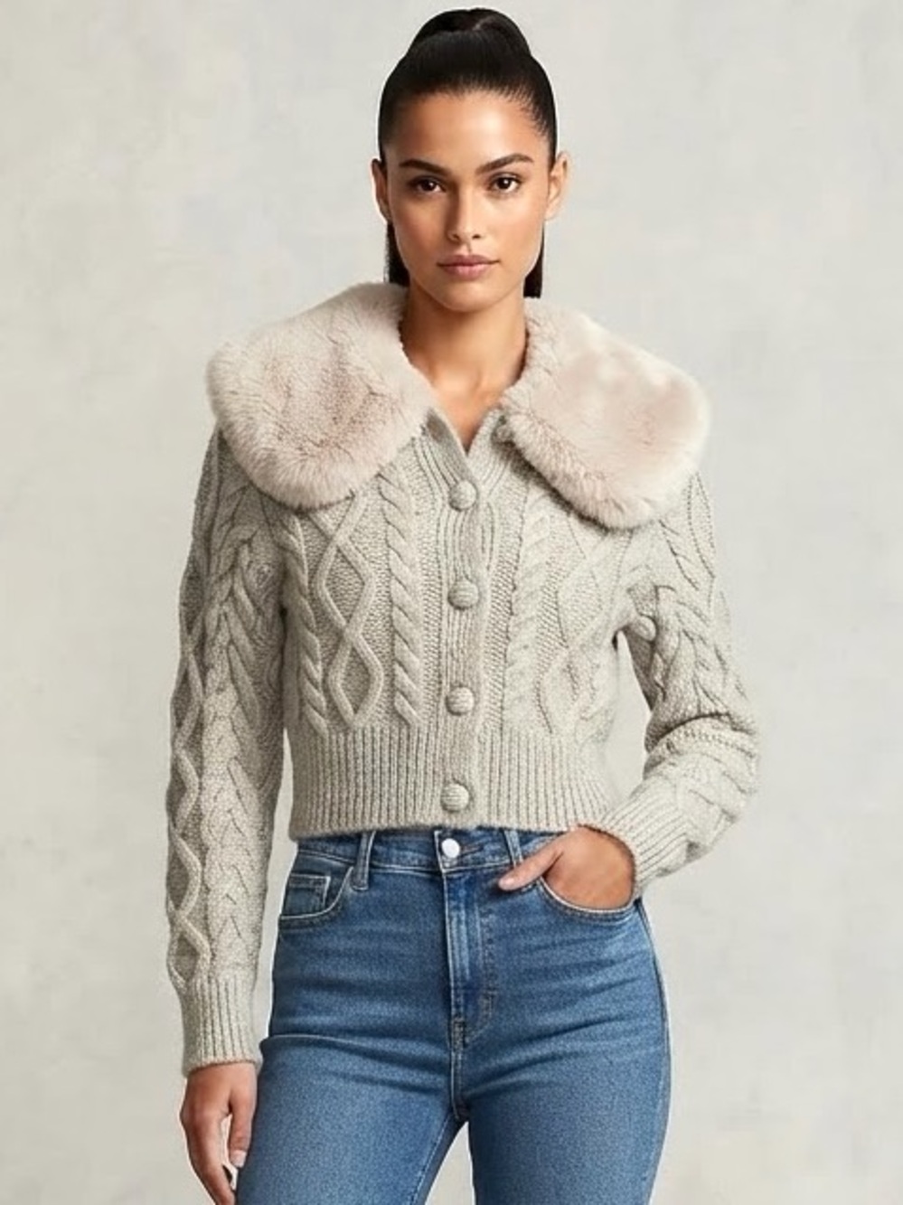 Zara Cable-Knit Faux Fur Collar Cardigan Size S